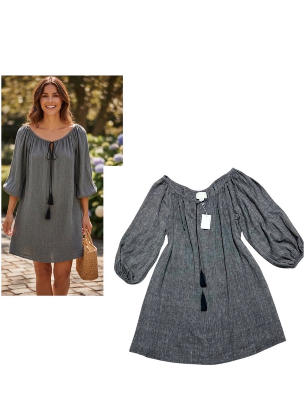ANAAK NWT Dark Chambray Tassel Tie Lagenlook Cotton Dress 3 (L)